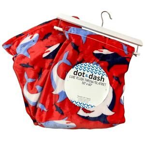 Dot & Dash Red And Blue Plush Shark Print Throw Blanket NWT
